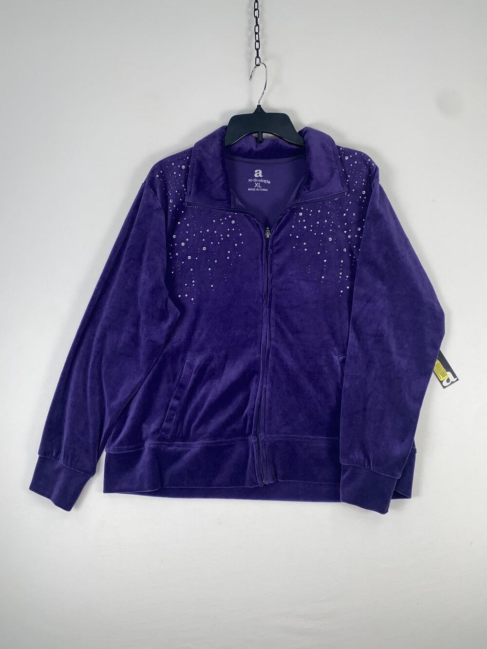 Activology Jacket Womens XL Purple Velour Rhinestone Full Zip Track Top